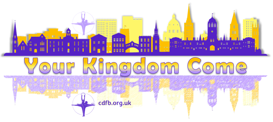 purple and gold reflected city skyline with the words Your Kingdom Come
